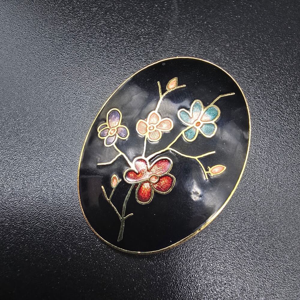 Cloisonne Enamel Flower Brooch Black Vintage Costume Jewelry